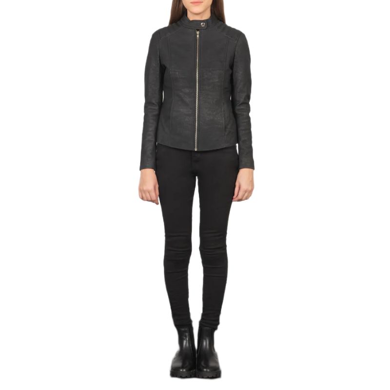 Kelsee Distressed Black Leather Biker Jacket