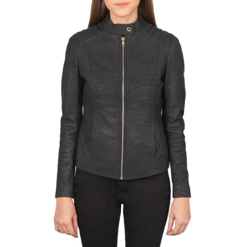 Kelsee Distressed Black Leather Biker Jacket