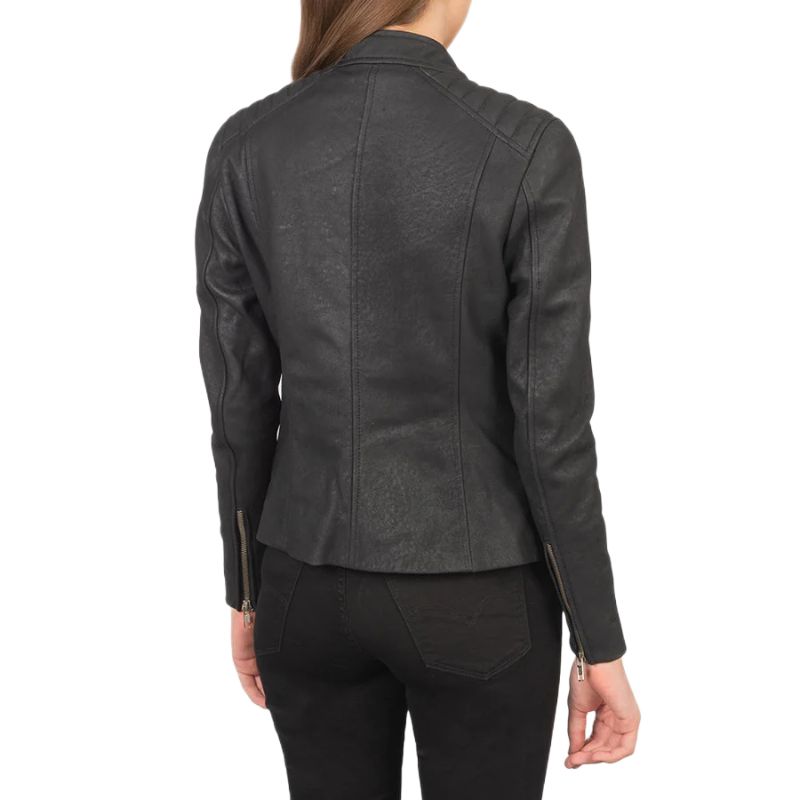 Kelsee Distressed Black Leather Biker Jacket