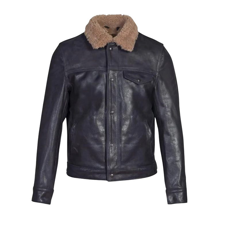 Men’s Buffalo Leather Trucker Jacket with Sheepskin Collar