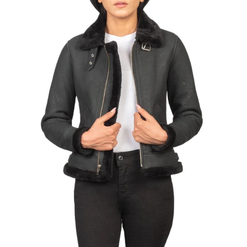 Sherilyn B-3 Distressed Black Leather Bomber Jacket