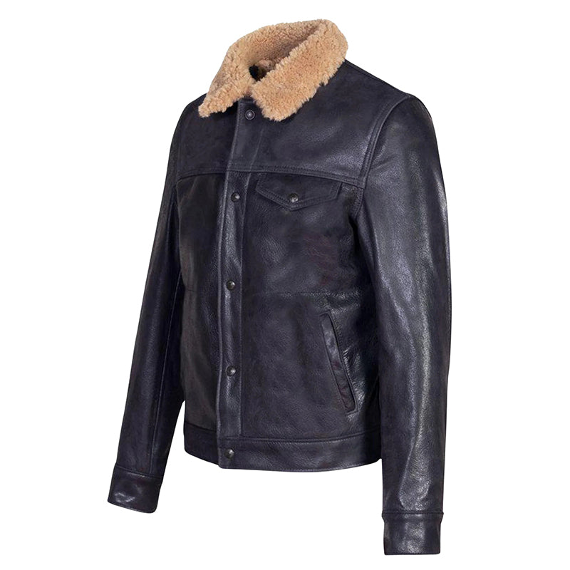 Men’s Buffalo Leather Trucker Jacket with Sheepskin Collar