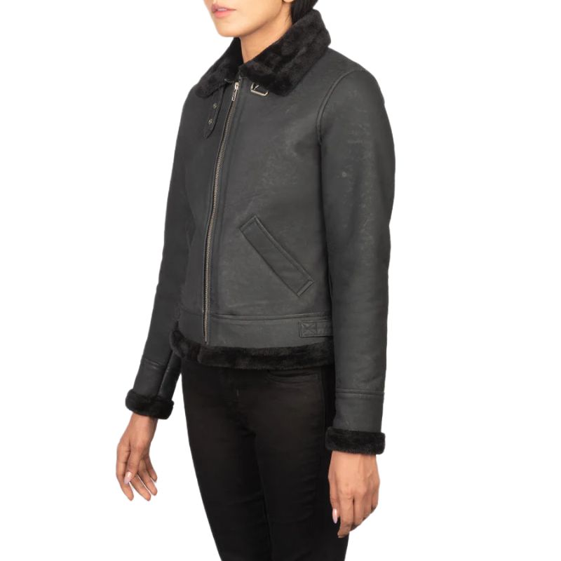 Sherilyn B-3 Distressed Black Leather Bomber Jacket