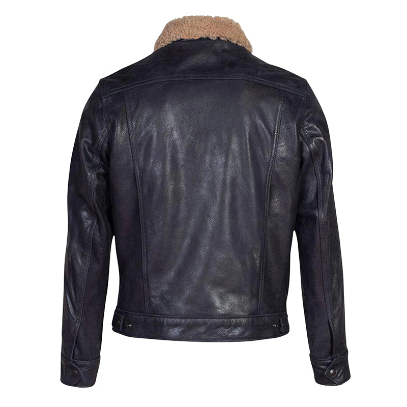 Men’s Buffalo Leather Trucker Jacket with Sheepskin Collar