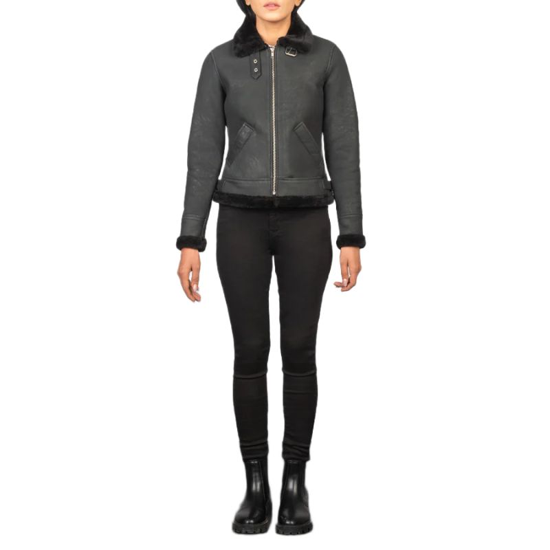 Sherilyn B-3 Distressed Black Leather Bomber Jacket