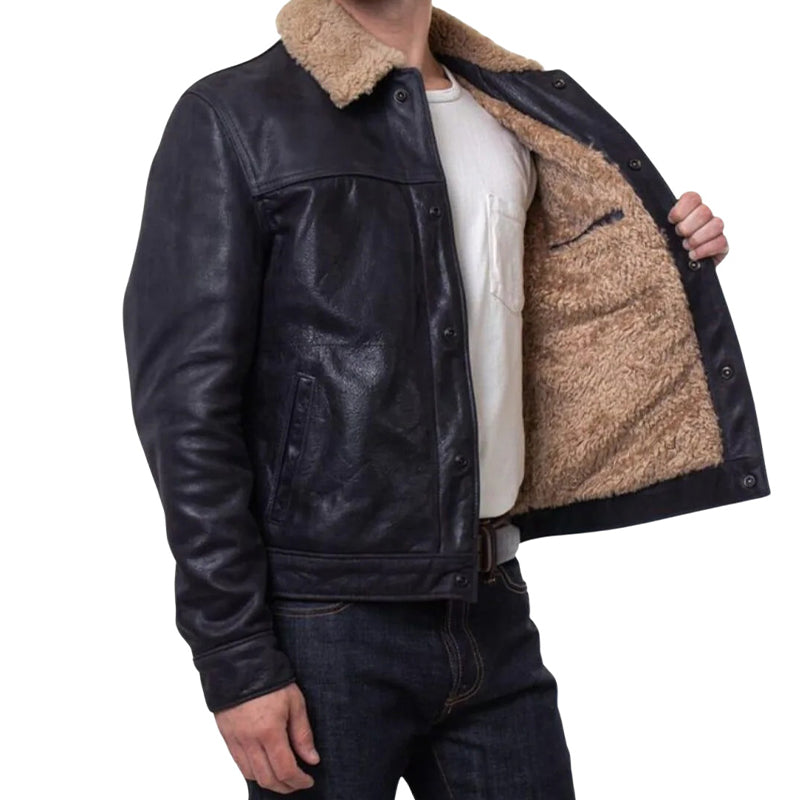 Men’s Buffalo Leather Trucker Jacket with Sheepskin Collar