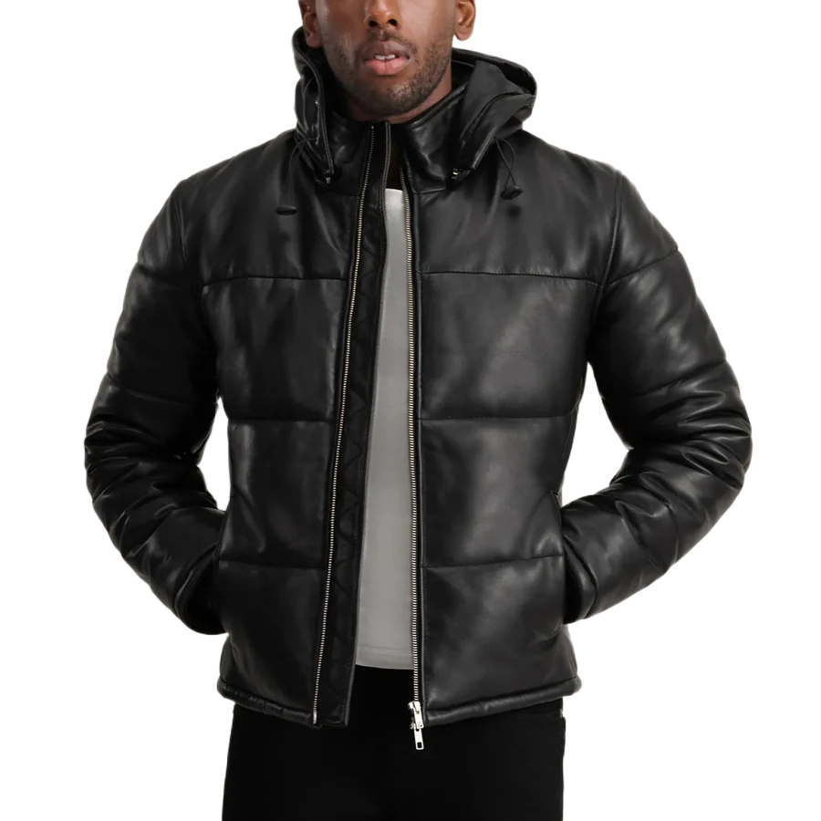 Gordon Black Hooded Leather Puffer Jacket