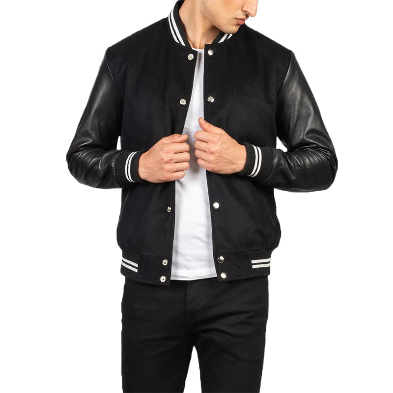 Vaxton Black Striped Hybrid Varsity Jacket