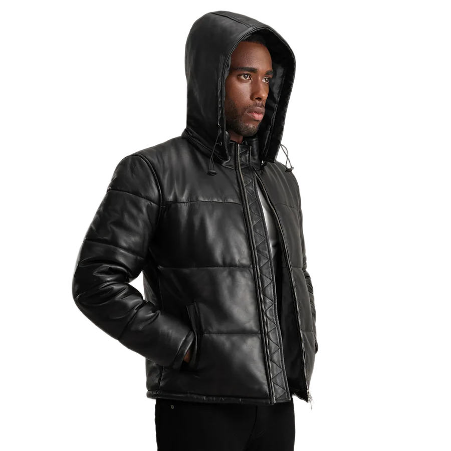 Gordon Black Hooded Leather Puffer Jacket