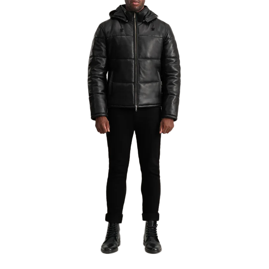 Gordon Black Hooded Leather Puffer Jacket