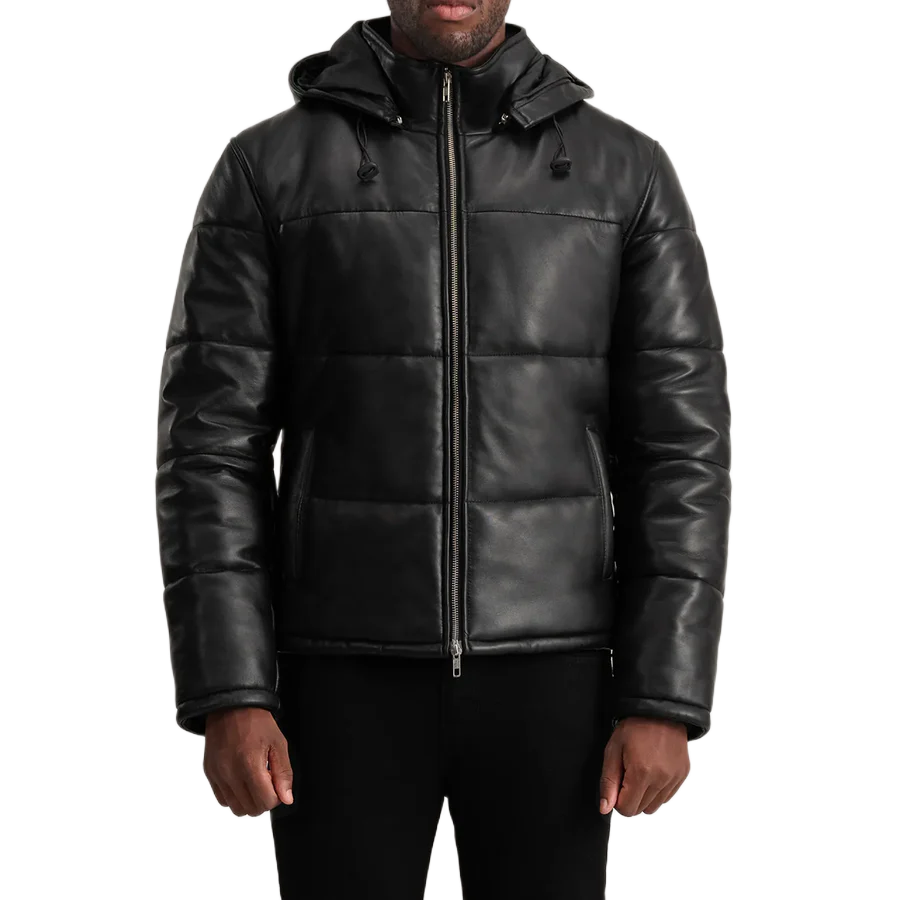 Gordon Black Hooded Leather Puffer Jacket
