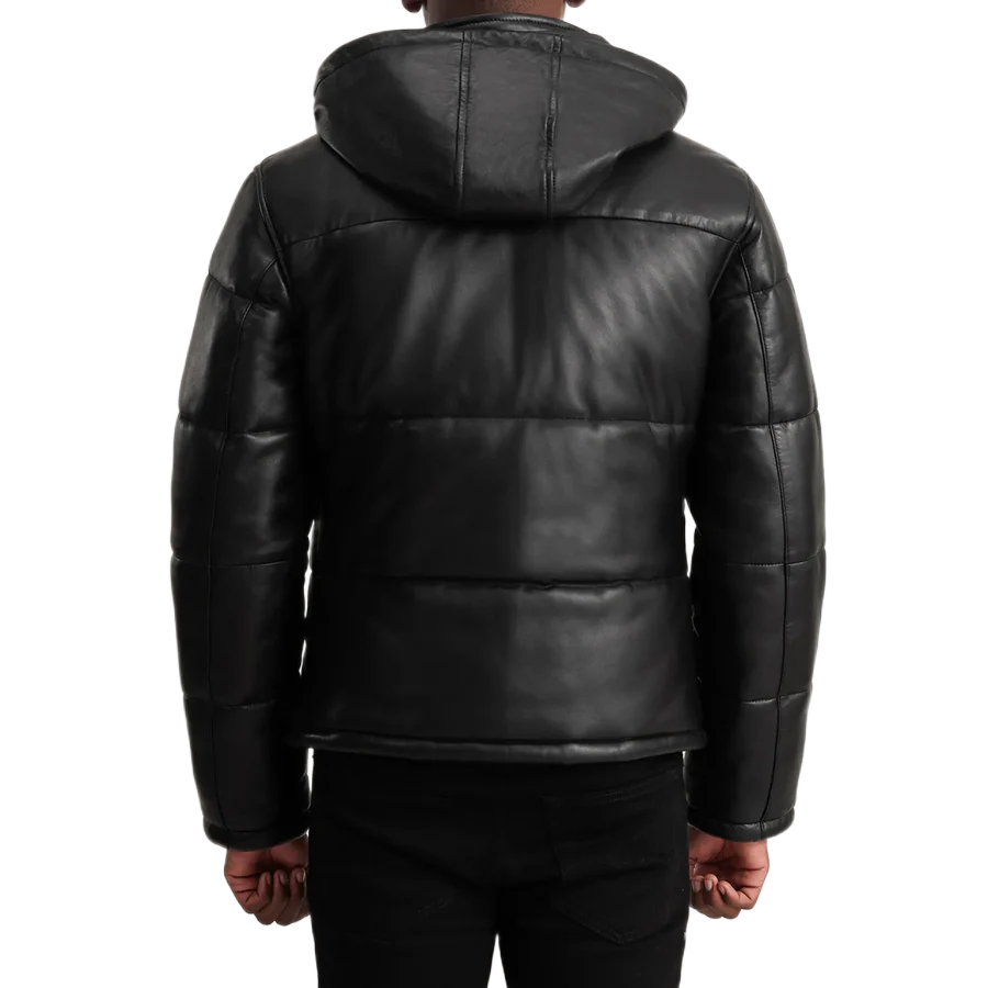 Gordon Black Hooded Leather Puffer Jacket