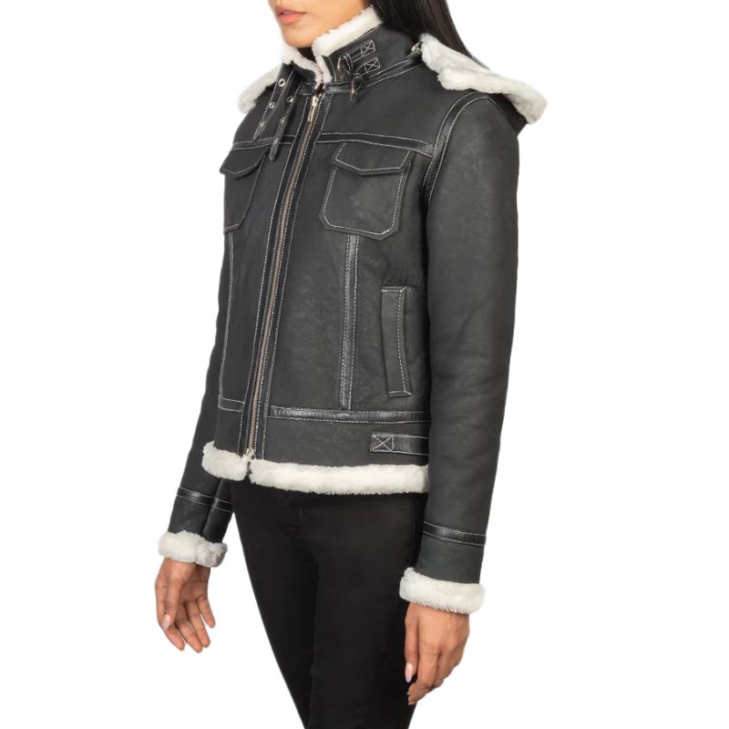 Fiona Black Hooded Shearling Leather Jacket