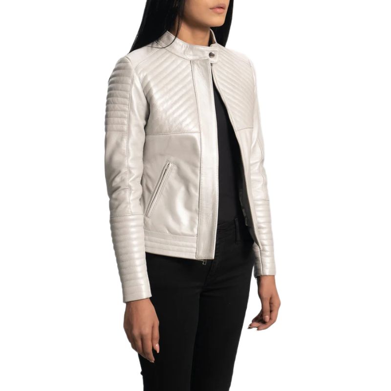 Ice Maiden Silver Quilted Leather Biker Jacket