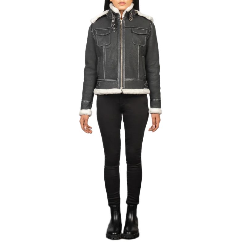 Fiona Black Hooded Shearling Leather Jacket