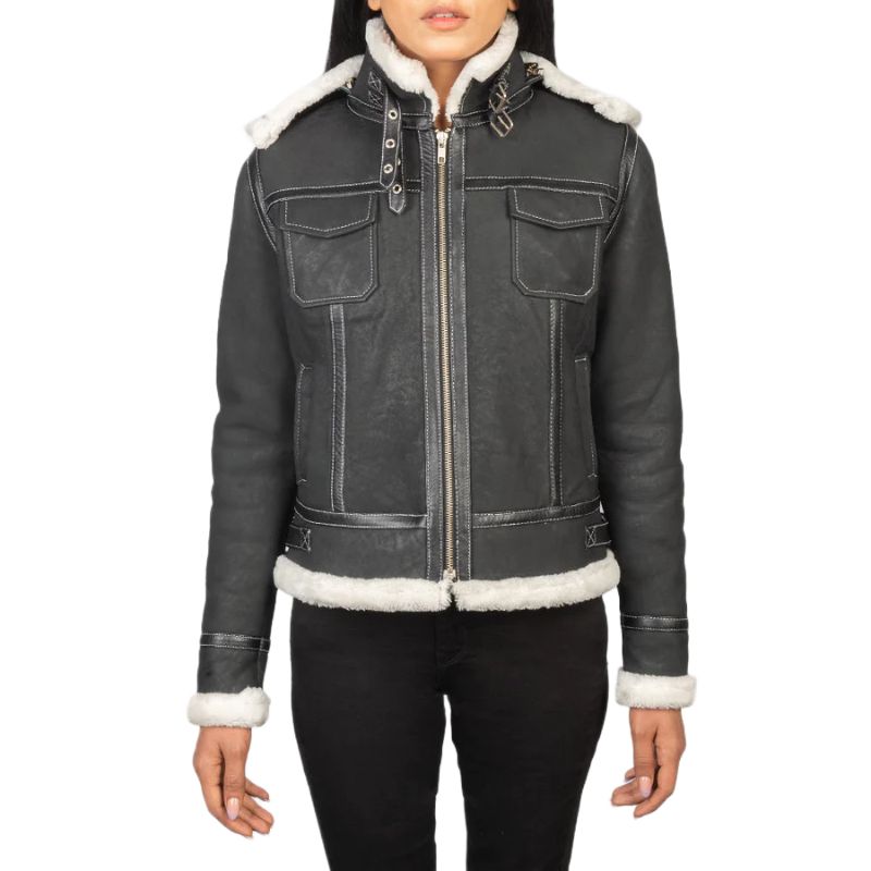 Fiona Black Hooded Shearling Leather Jacket