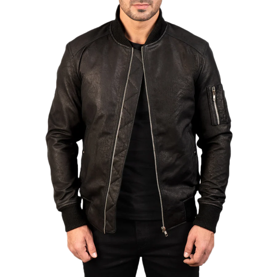 Bomia Ma-1 Distressed Black Leather Bomber Jacket