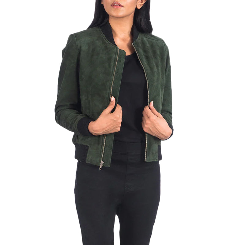 Bliss Green Suede Bomber Jacket