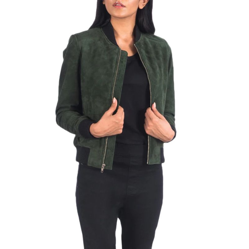 Bliss Green Suede Bomber Jacket