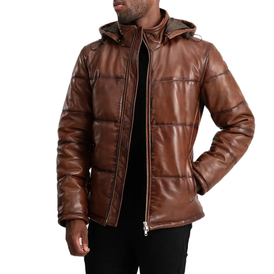 Gordon Waxed Brown Hooded Leather Puffer Jacket