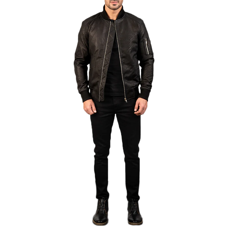 Bomia Ma-1 Distressed Black Leather Bomber Jacket