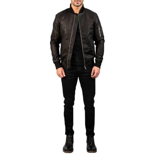 Bomia Ma-1 Distressed Black Leather Bomber Jacket