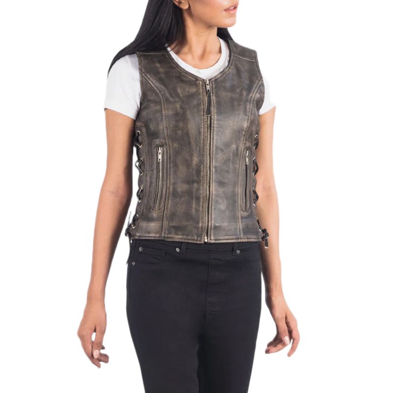Vanda Distressed Brown Leather Biker Vest