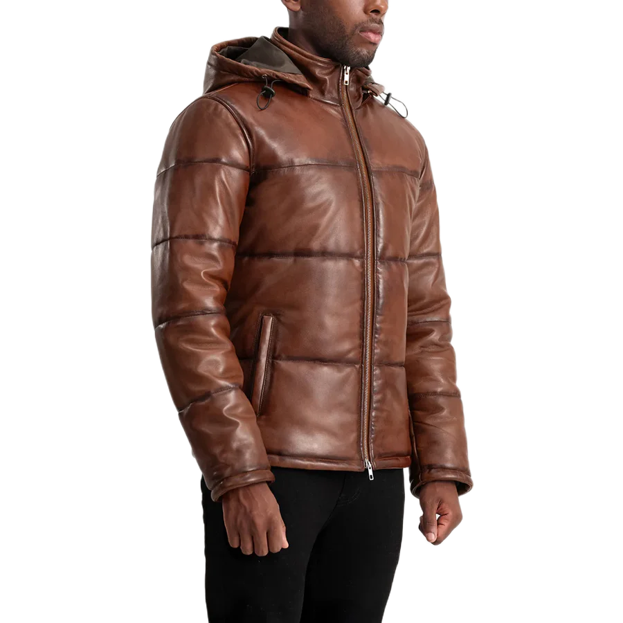 Gordon Waxed Brown Hooded Leather Puffer Jacket