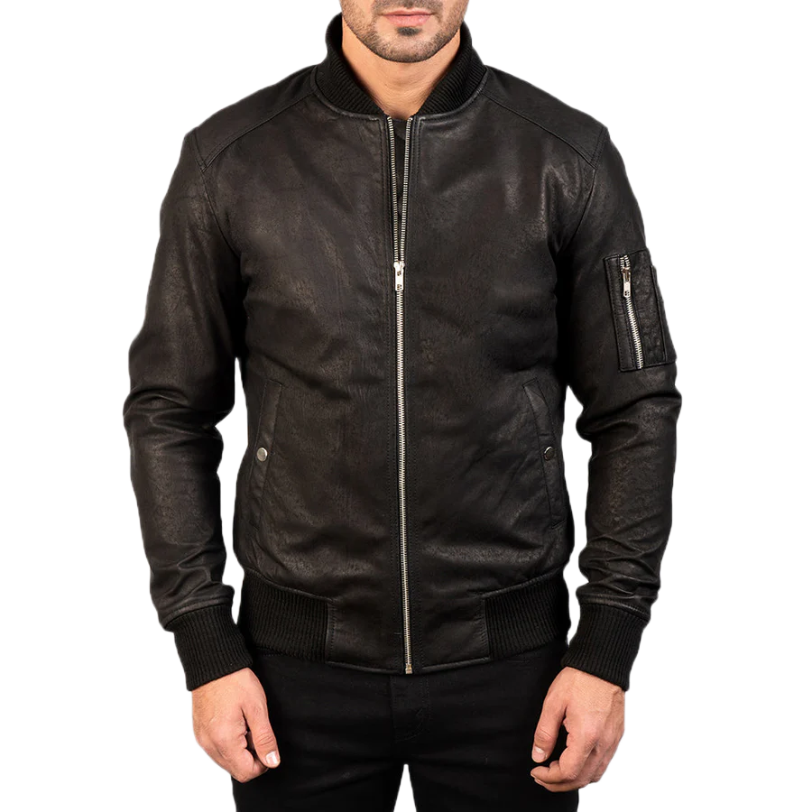 Bomia Ma-1 Distressed Black Leather Bomber Jacket