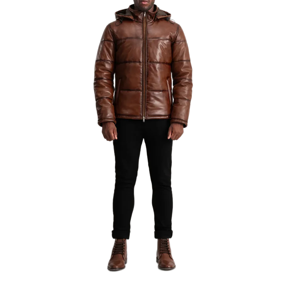 Gordon Waxed Brown Hooded Leather Puffer Jacket