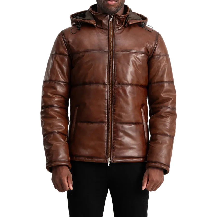 Gordon Waxed Brown Hooded Leather Puffer Jacket