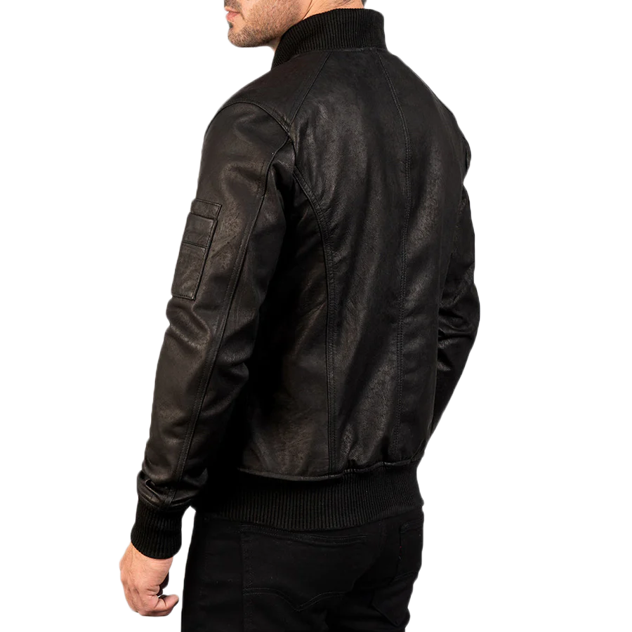 Bomia Ma-1 Distressed Black Leather Bomber Jacket