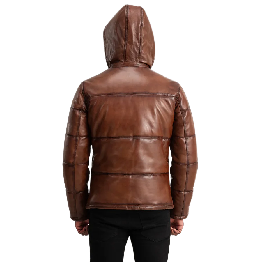 Gordon Waxed Brown Hooded Leather Puffer Jacket