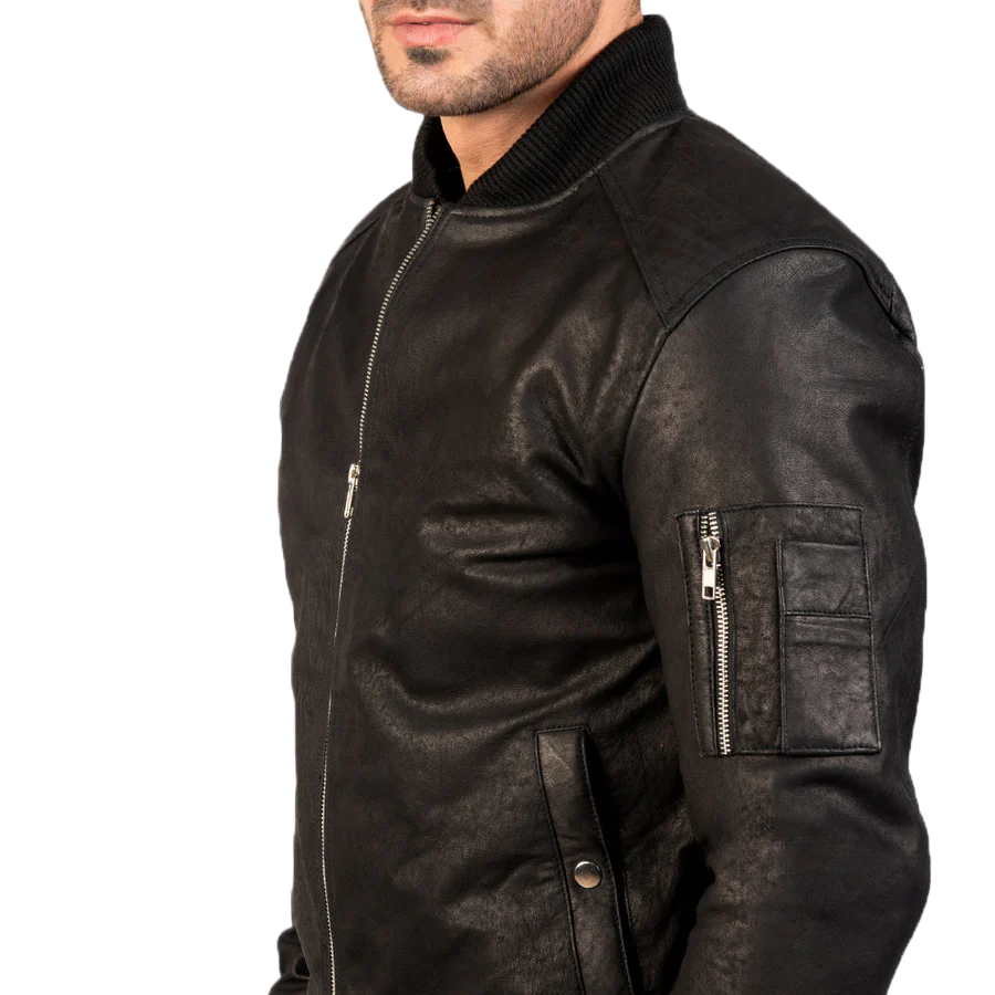 Bomia Ma-1 Distressed Black Leather Bomber Jacket