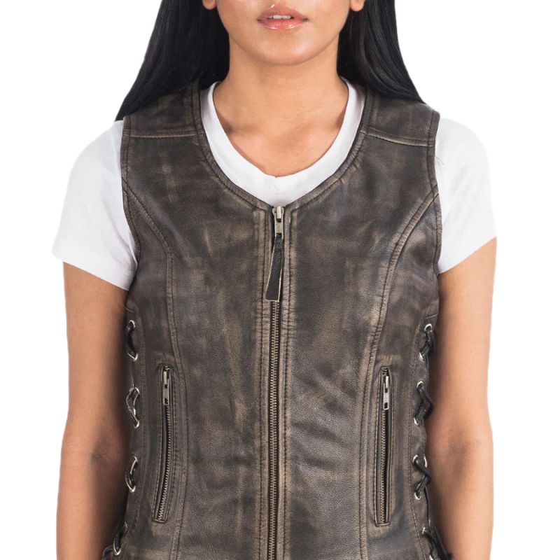 Vanda Distressed Brown Leather Biker Vest