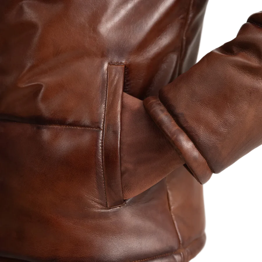 Gordon Waxed Brown Hooded Leather Puffer Jacket