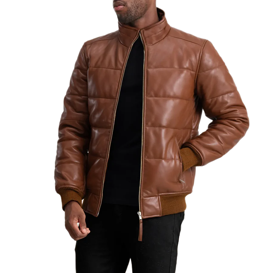 Lucas Brown Leather Puffer Bomber Jacket