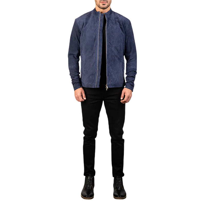 Charcoal Navy Blue Suede Biker Jacket