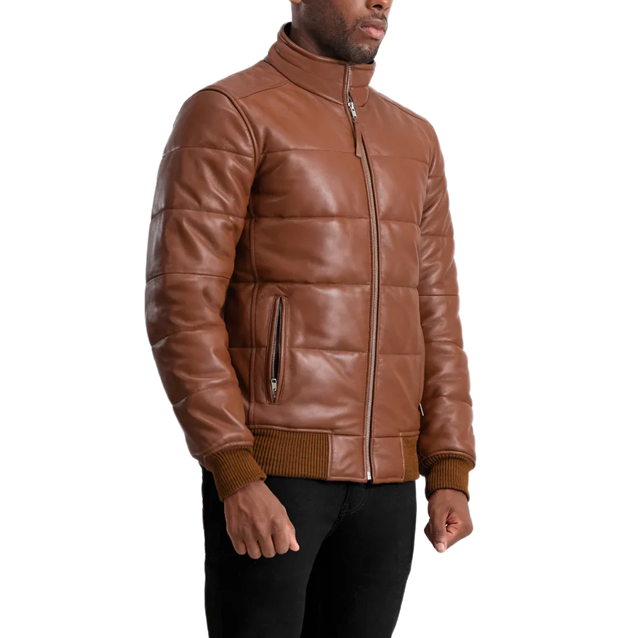 Lucas Brown Leather Puffer Bomber Jacket