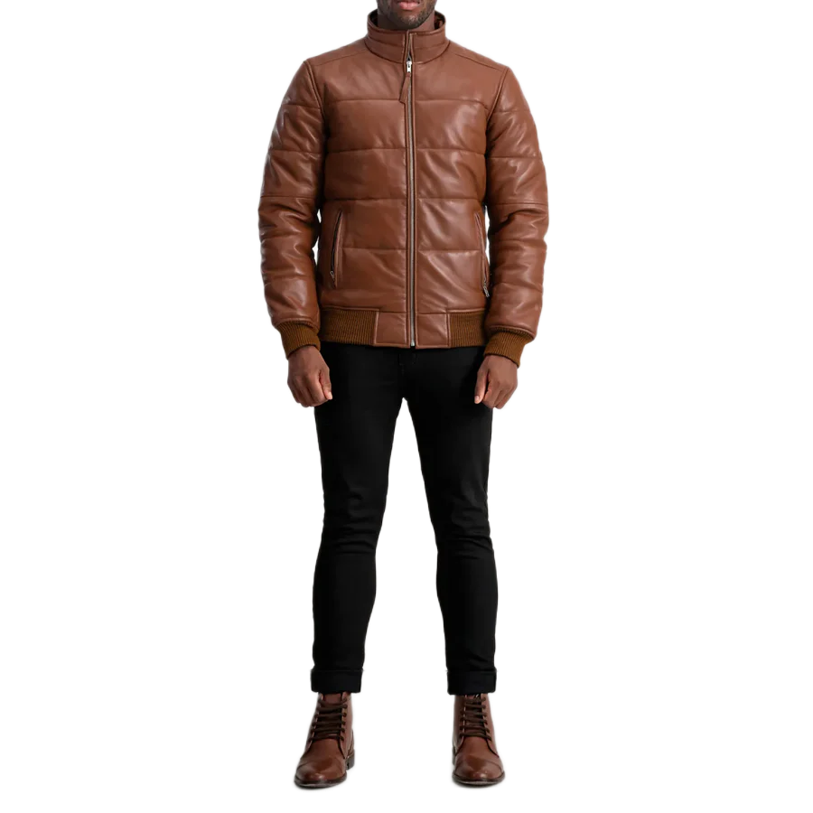 Lucas Brown Leather Puffer Bomber Jacket
