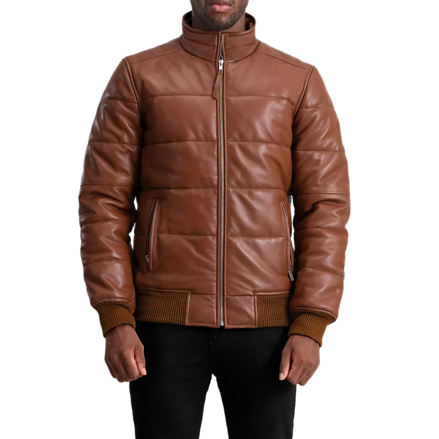Lucas Brown Leather Puffer Bomber Jacket