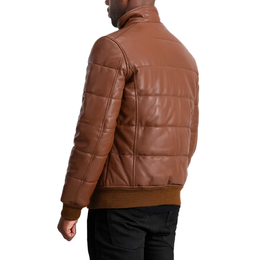 Lucas Brown Leather Puffer Bomber Jacket