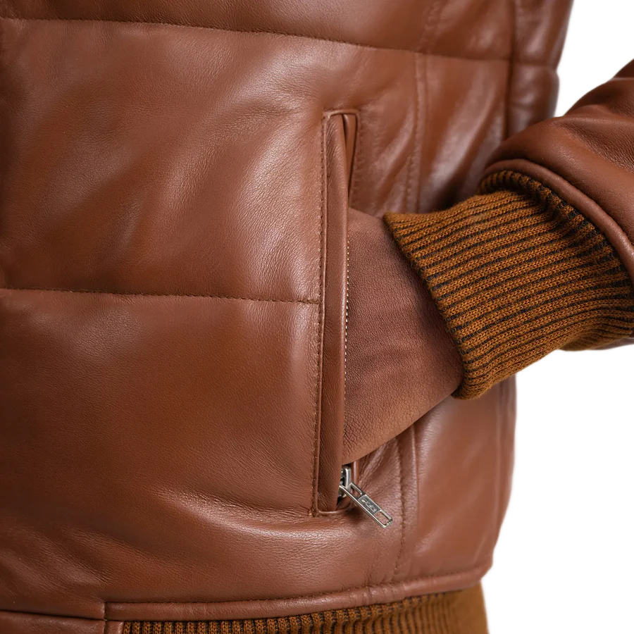 Lucas Brown Leather Puffer Bomber Jacket