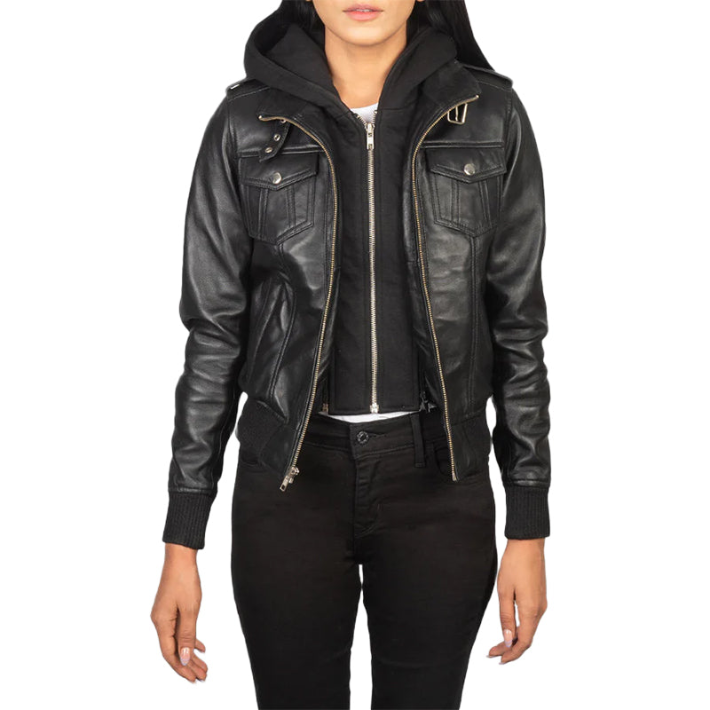Roslyn Black Hooded Leather Bomber Jacket