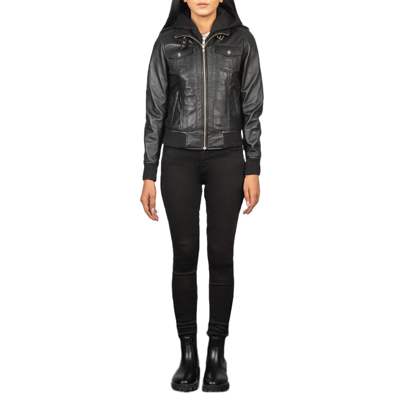 Roslyn Black Hooded Leather Bomber Jacket
