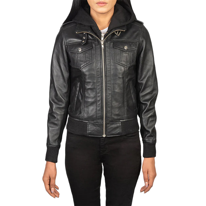Roslyn Black Hooded Leather Bomber Jacket