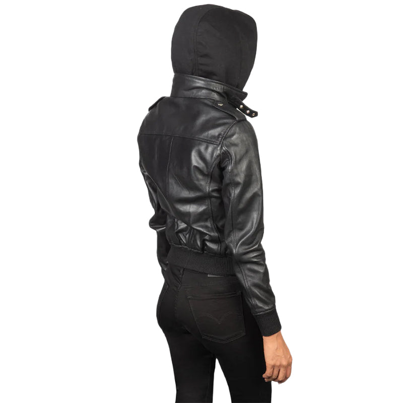 Roslyn Black Hooded Leather Bomber Jacket