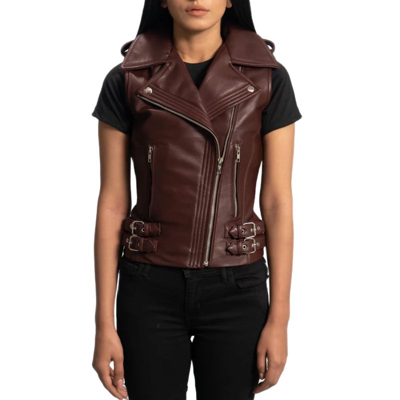 Rhonda Maroon Leather Biker Vest