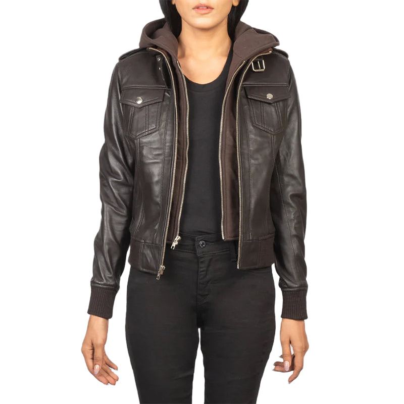 Roslyn Brown Hooded Leather Bomber Jacket