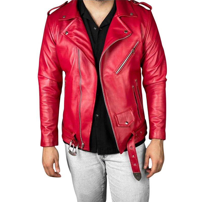 Men’s Red Solid Leather Biker Jacket